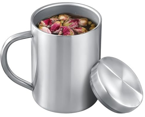 Tazas y tazas de acero inoxidable, tazas de metal de 500 ml, 400 ml, 300 ml, 200 ml, taza de café y té aislada con tapa y asa para camping y uso diario, doble pared a prueba de fugas (plata, 300 ml)