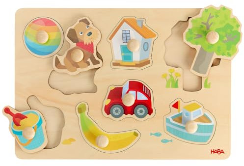 HABA Greifpuzzle Erste Wörter – Holzpuzzle mit großen Griffknöpfen zum erste Wörter Lernen, Farbenentdecken und Formen erkennen, ab 12 Monaten – 2011813001