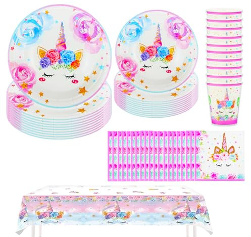 Hmfmdy Ensemble de vaisselle de fête licorne - 51 pièces - Décoration de fête d'anniversaire licorne - Avec assiettes en carton, gobelets, serviettes, nappe, accessoires de vaisselle pour 10 invités