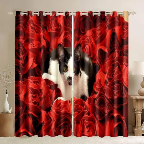 SJSXWQN Gardinen Katze Rote Rose Vorhänge mit Ösen Vorhang Blickdicht Thermo Verdunklungsvorhänge Schiebegardinen für Schlafzimmer Wohnzimmer H 220 x B 140 cm 2er Set