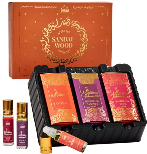 Sandalwood Attar Oil by Dukhni | 3 x 6ml Perfume Roll on | Islamic Gifts | Luxurious Sandalwood Attar roll ons| Woody Floral Perfume oil for Men & Women |Travel-Size, Long Lasting Mini Perfume