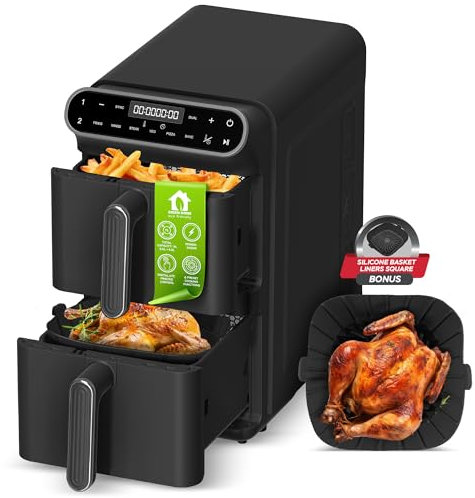 TurboTronic Heißluftfritteuse XXL - 11L vertikale Doppelkammer AirFryer 2 x 5,5L DualZone 2 Ebenen XtraSlim Design Heissluftfritteuse 6 Programme inkl. Silikoneinlagen fettfreies Frittieren ohne Öl