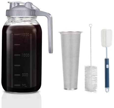 Cold Brew Coffee Maker Pitcher - Thick Glass Mason Jar with Stainless Filter,Leakproof Flip Lid, Ergonomic Handle for Iced Coffee, Tea, Lemonade, Homemade Drinks (Grey - 64oz)