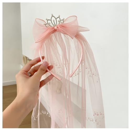 Hrlace Krone Mädchen Haarband Prinzessin Schleier Stirnband Tüll Schleifen Haarbänder Perlen Kristall-Krone Haarreifen mit Elegante-Tüll Haarschmuck für Hochzeit Party Geburtstagsfeier Rosa