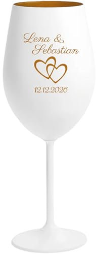 4youDesign | Personalisiertes Weinglas Weiß mit goldener Innenbeschichtung – Gravur mit Namen, Herzen & Datum – Geschenk zur Hochzeit oder zum Jahrestag
