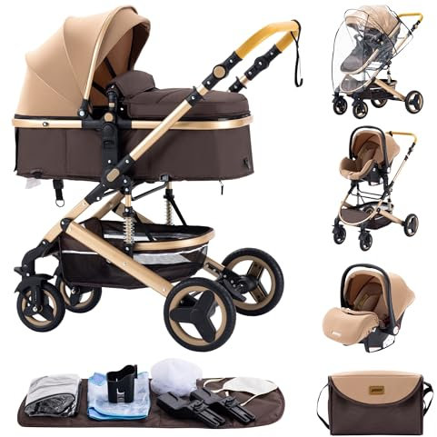 poussette 3 en 1,Combinaison pliable poussette 3 in 1,poussette bebe 0 a 3 ans Housse de pluie, sac Mommy, moustiquaire, accessoires de siège, adaptateur universel