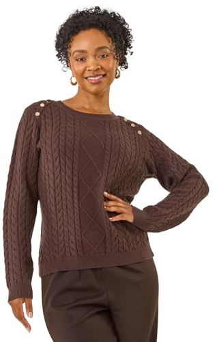 Roman Petite Button Cable Knit Jumper for Women UK - Ladies Everyday Autumn Winter Round Neckline Comfy Soft Evening Vacation Work Party Night Out - Petite Chocolate - Size 16