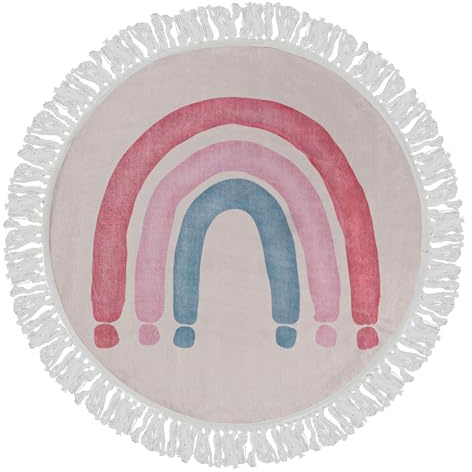 Mazovia Kinderteppich Beige Regenbogen - Zimmer - Kurzflor Rund Oeko-TEX® Zertifikat Bunte - Creme Rosa - 120 x 120 cm