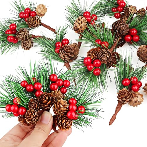20pcs Künstliche Tannenzweige Mit Tannenzapfen Und Roten Beeren, 11cm Deko Zweige Weihnachten, Weihnachtszweige Künstlich, Kleine Tannenzweige Deko für Diy Weihnachten Kranz Weihnachtsbaum Deko