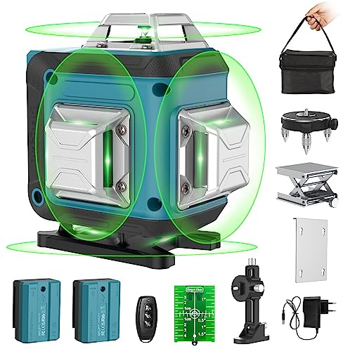 Nivel Laser Autonivelante 360 Grados, Nivel Láser Verde 16 Líneas, 360 Líneas Vertical/Horizontal Conmutables con 2 batería,Soporte Magnético, Montaje en Pared, Control Remoto,Base Magnética