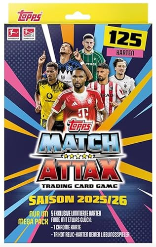 Topps Match Attax Bundesliga 2025/2026 – Mega Pack mit 125 Karten, 5 Limited Editions, 1 Chrome-Karte (in jedem 3. Pack), Exklusive Relic Karten inkl. Heartglobal Versandschutz