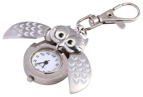 ibasenice Eulen Taschenuhr aus Legierung, Weiß, Retroer Schlüsselanhänger | Taschenuhr mit Cartoon Motiv, Dekorative Taschenuhr im Halbmond Eulen Design, 1 Stück