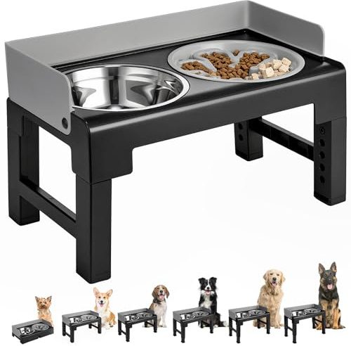 Elevated Dog Bowls with Stand, 6-Level Height Adjustable, 5°-10° Tilt, Splash Guard Design, Raised Dog Bowl with 1000ml Stainless Steel & Slow Feeder Dog Bowl, for Small, Medium & Large Pets