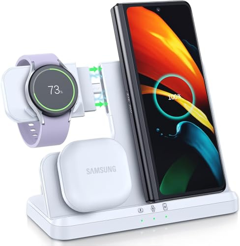 LK Induktive Ladestation für Samsung 3 in 1 Ladestation Kompatibel für Galaxy Watch 8/7/6/5/5 Pro/4 Ladegerät für Samsung S25 Ultra S24 S23 S22 S21 Z Flip Z Fold 7 6 5 Galaxy Buds, Weiß