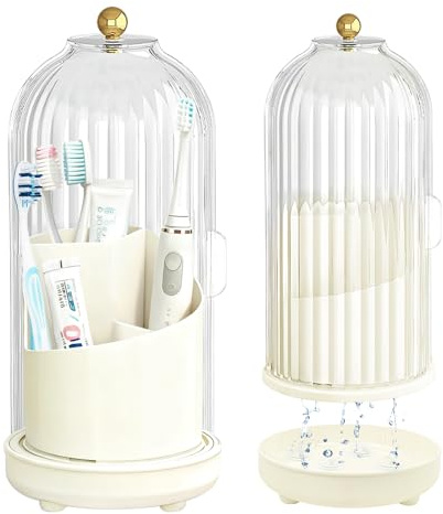 Multifunctional Rotating Toothbrush Holders with Sliding Lid and Draining Tray, 3-Slot Bathroom Countertop Vanity Organizer for Tooth Brush, Toothpaste, and Makeup Brushes Holder Storage (White)