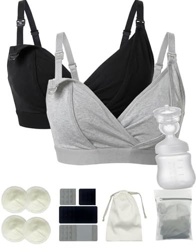 Qingora Pumping Bra, Pumping Bra Hands Free and Nursing Bra in One, 2pk Adjustable V-Neck Bra Holding Breast Pumps