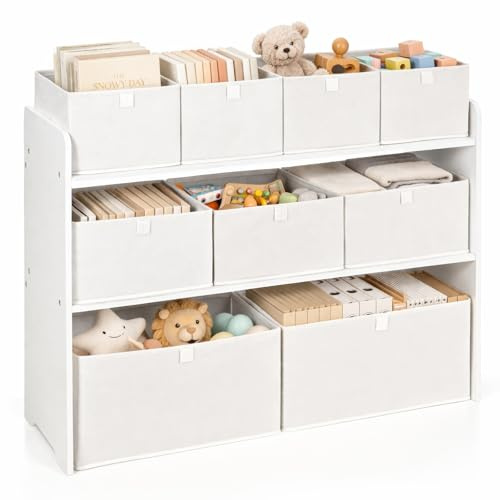 SUNNYNEST Toy Storage Unit with 9 Removable Fabric Bins – White Organiser for Playroom & Bedroom, Toy Rack, Large Storage for Toys, Books & Games, 68.5 x 91.8 x 29.9cm