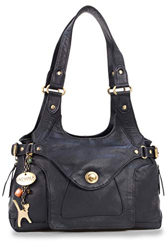 Catwalk Collection Handbags - Sac Porté Èpaule Femme Cuir - Sac à Main Moyen - Sac Porté Main Multipoches - ROXANNA - Noir