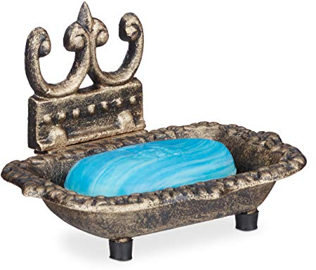 Relaxdays Seifenschale antik, Gusseisen, massiv, verziert, Standfüßchen, Handseife, HxBxT: 10 x 15 x 11,5 cm, bronze