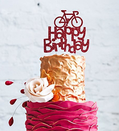 LissieLou Bicycle Style Happy Birthday Cake Topper Decoration in Dark Pink, Made in the UK