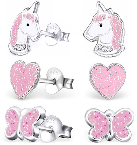 3 Paar Glitzer Ohrstecker Einhorn Herz Schmetterling 925 Echt Silber Mädchen Kinder Ohrringe
