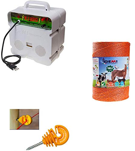 Recinto Elettrico Kit Completo con 1 x Elettrificatore 220V + 1 x Filo 1000 MT 4 Mm² + 200 Pezzi isolatori per paletti in Legno - Recinzione Elettrica per Animali Cavalli Mucche maiali Galline Volpi