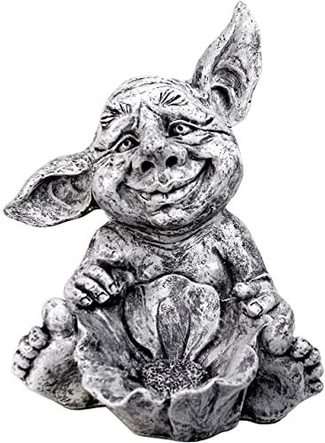GeKi Trend Gnom Figur Garten Leuchtend Gartendeko frostfest Antik Stein-Optik fluoreszierend 40 cm groß Vogeltränke Schale