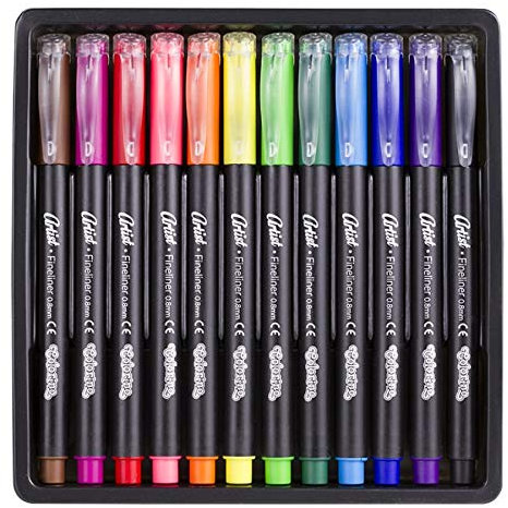 Colorino Artist 12 Fineliner Set, 12 feine Spitzen in verschiedenen Farben, 0,8 mm, Künstler Illustration, Technische Zeichnung, ungiftig, für Jugendliche und Erwachsene