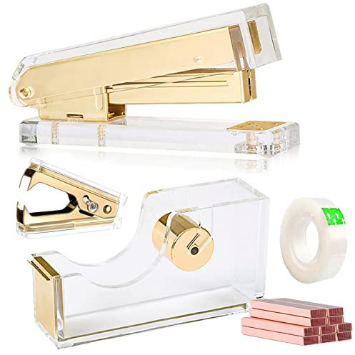 Acryl-Gold-Klebebandabroller, goldenes Schreibtisch-Heftgerät, Acryl-Bürobedarf inklusive Klebeband, 1000 Heftklammern, schickes Büro-Heftgerät, Klebebandabroller für modernes Design Büro Desktop