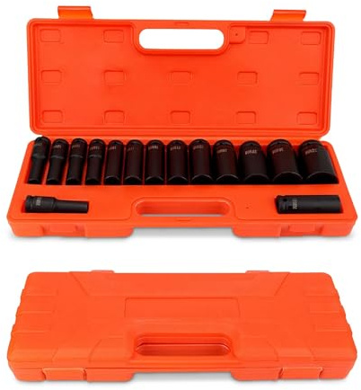Schlagschrauber Nüsse Set 1/2 Zoll 10-32mm 15-teilig | Kohlenstoffstahl, Innensechskant, Werkstattmontage, Plastikhülle, Steckschlüsselsatz für 1/2 Zoll Antrieb