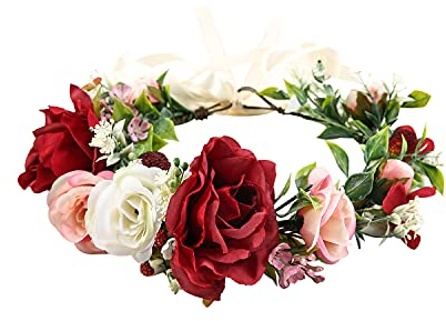 Verstellbares Blumen-Haarband mit Blumengirlande, Krone, Halo, Kopfschmuck, Boho, mit Band, Hochzeit, Festival, Party (03 Weinrot)
