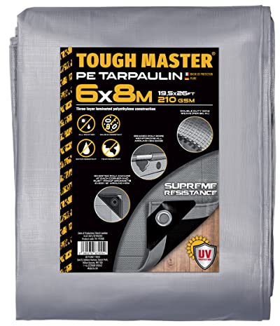 TOUGH MASTER 7 Sizes Heavy Duty Tarpaulin Waterproof Cover Tarp Ground Sheet (Grey/Black, 6 X 8M)