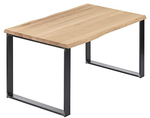 LAMO Manufaktur Esstisch Küchentisch Schreibtisch Couchtisch aus Massivholz, mit Baumkante 140x80x76 cm (AxBxH), Modern, Natur/Rohstahl mit Klarlack, LAB-01-A-002-0000M