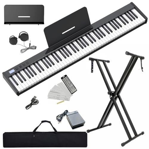NikoMaku SWAN-S - Teclado de piano digital portátil semipesado de 88 teclas para principiantes con soporte, funda de transporte, pedal de sostenimiento, auriculares, SWAN-S, color negro