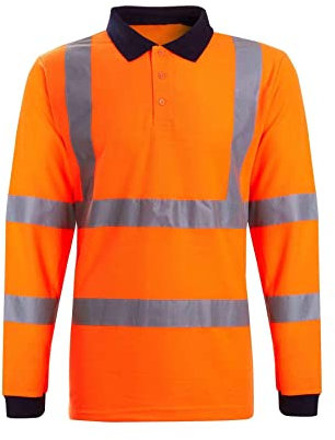 MMK® Hi Viz High Visibility Long Sleeve Polo Shirts - Men's Reflective Tape Safety Hi Vis Security Work Breathable Lightweight Workwear T-Shirt Tops (Orange, Large)