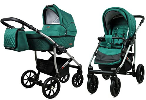BabyLux Qbaro 2-in-1 Baby Kinderwagen Tief und Kinderwagen mit Zubehör Verstellbar und faltbar Aluminiumkonstruktion Wasserdicht Nicht abnehmbare Räder Khaki