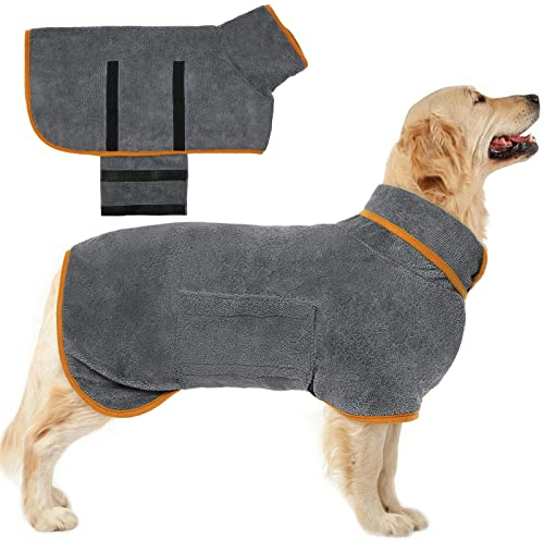 Kuoser Hundebademantel, Mikrofaser Hunde Bademantel Badetuch, Bademantel Hund Extra Saugfähig, Einstellbar Hundehandtuch mit Klettverschluss, Grau HundeBademantel für Große Hunde