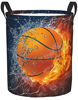Dujiea Basketball Ball in Fire and Water Laundry Basket Round with Handle, Collapsible Foldable Canvas Storage Bin Dirty Clothes Bag for Laundry/Toys Organizer/College Dorm/Nursery/Decor(2 Sizes)
