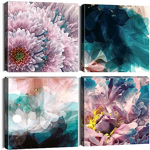 Sungeek 4 Teilig Leinwandbilder mit Holzrahme, Leinwanddruck Bilder 30 x 30 cm, Moderne Wandbilder Kunstdruck Wand Dekoration für Wohnzimmer Schlafzimmer Esszimmer Home Büro (Traum Blumen)