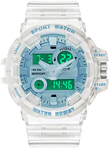 Weiß Transparente Armbanduhr für Jungen Herren Digitale Analoge Sportuhr, Coole Design Herrenuhr mit Wecker/Stoppuhr/12/24H/Dualzeit/LED Elektronische Taktische Digitaluhren