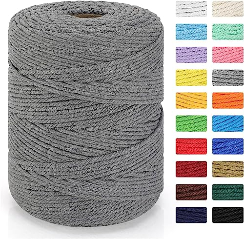 Premium Makramee Garn 5mm x 200m grau Baumwollschnur Boho Deko 100% Baumwolle Natürliche Baumwollgarn Baumwollkordel für DIY Handwerk wie Makramee Wandbehang,Wandteppichen