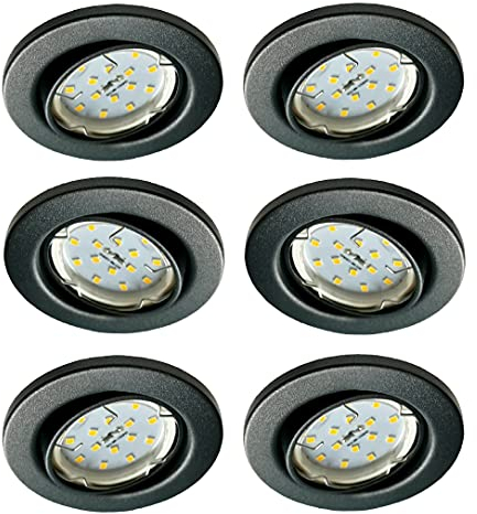 Trango 6er Set 6729-061MO LED Einbaustrahler in Anthrazit matt schwenkbar inkl. 6x 5 Watt 3000K warmweiß Ultra Flach LED Modul, Einbauspots, Deckenstrahler, Deckenlampe, Badleuchte, Deckenleuchte