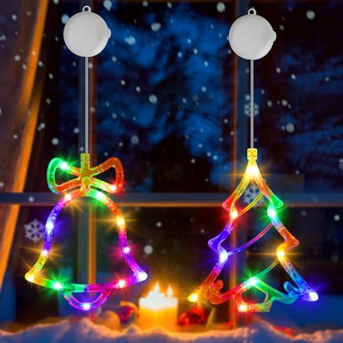 OUILA Luz Navidad Ventana, RGB Luces de Navidad con árbol de Navidad & Campanas de Navidad, Luces de Cortina Funciona con Pilas Luces de Ventana de Navidad con Ventosa a Temporizador Adornos Navideños