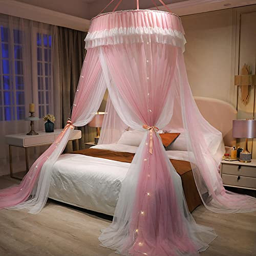 KLUFO Betthimmel für Mädchen, Prinzessinnenbaldachin für Bett-Doppellagiger transparenter Mesh-Kuppelbaldachin für Mädchen Zimmerdekor - Rundes Spitzen-Moskitonetzzelt mit LED-Sternen-Lichterketten