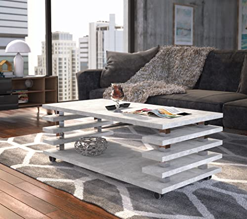 DC-3 Couchtisch Beton 120x60cm mit Ablage modern stabil vielseitig Wohnzimmertisch Beistelltisch Sofatisch Zeitloses Design platzsparend robust Wohnzimmer mit Rollen