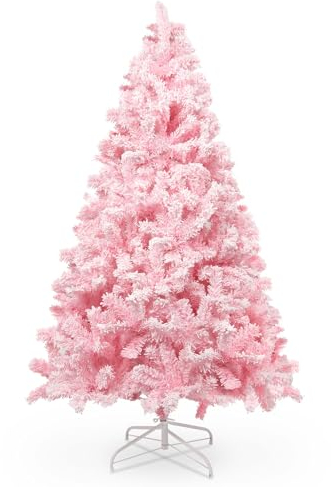 180cm/6ft Albero di Natale Rosa con Decorazioni e Floccate con Fiocchi di Nneve, 808 Foglie di Pino Appuntite PVC e Base Stabile, Albero di Natale Artificiale per Decorazioni Natalizie
