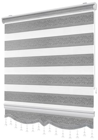 PlisseeOnline Doppelrollo Klemmfix ohne Bohren Grau Silber mit Muster und Perlen Duo Rollo für Fenster und Türen Plissee Rollo Gardine 80 x 150 cm Blickdicht Klemmrollo mit Perlen Seitenzugrollo