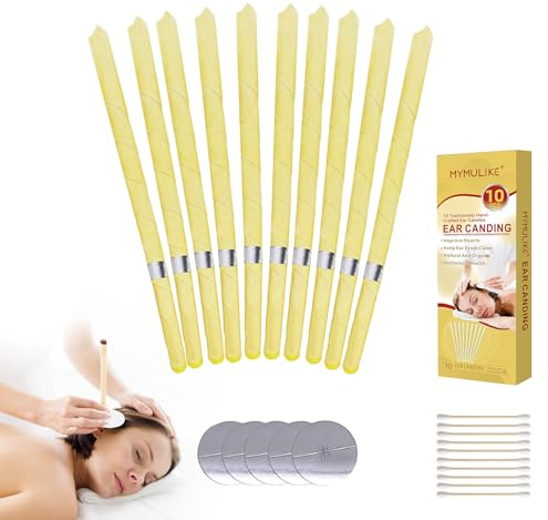 MYMULIKE Velas para Los Oídos, 10PCS Limpiador de Oidos Cera para Oidos Limpieza y eliminar el cerumen, velas cónicas para relajación y limpieza, Velas para oídos conos con 5 discos protectores