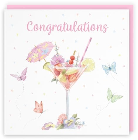 Hunts England Pink Cocktail And Butterflies Elegante Glückwunschkarte für HerMilo's GalleryGlückwunschkarte für FrauenGut gemachte Karte für Prüfungen, Beförderung, Fahrprüfung, Abschluss usw.