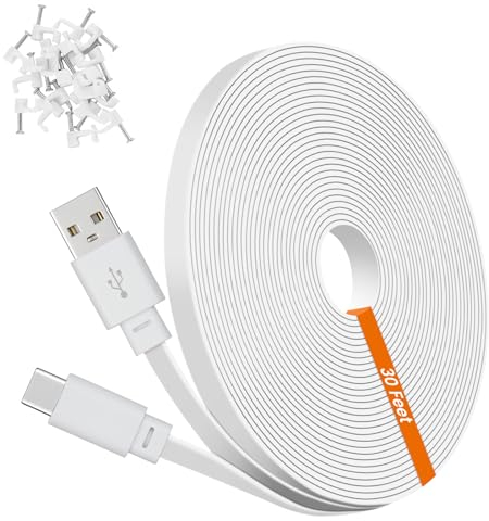 weishan 30ft USB C Cable Compatible with Ring Pan-Tilt Indoor Cam 2024 Release Security Camera - 9m Type-C Long Power Extension Flat Charging Cord, White